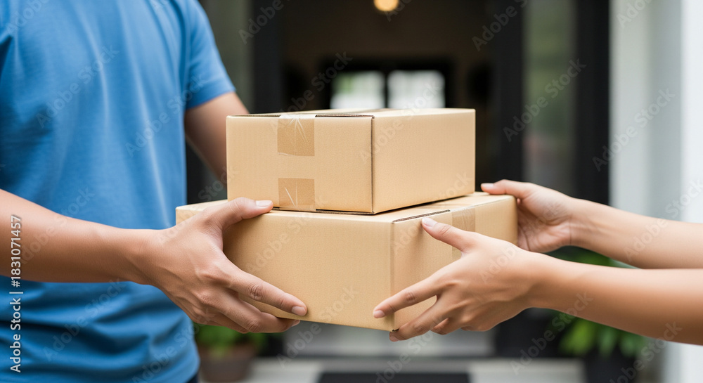 Fototapeta premium Primer plano de un mensajero entregando cajas de cartón a un cliente. Concepto de servicio de entrega, logística y confirmación de pedido