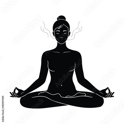 Silhouette of a woman meditating in a lotus pose with hands in mudra gesture isolated on white background silhouette