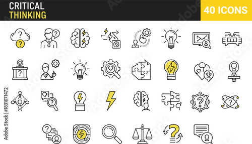 Problem solving and brainstorming icon set, question mark, light bulb idea, puzzle, confusion, strategy, solution, line art vector collection.