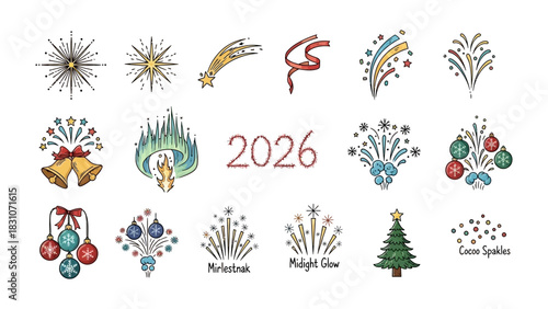 2026 Festive Collection: A collection of various festive icons for the new year. Capturing the spirit of celebration, these designs evoke joy and anticipation for upcoming celebrations.