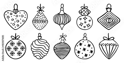 Black line Christmas tree toys, vector hand drawn doodle set. Various winter decorations for firs, spruces, pines. Outline decorative signs for coniferous trees. Coloring page, cozy festive cliparts