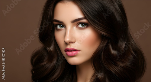 Wallpaper Mural Radiant Beauty A Stunning Portrait of a Brunette Woman with Glowing Skin and Luxurious Wavy Hair Showcasing Youthful Vitality and Timeless Elegance Ideal for Beauty Campaigns Torontodigital.ca