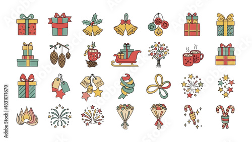 Christmas Cheer: A vibrant collection of festive illustrations, including gift boxes, bells, and holiday embellishments, perfect for spreading holiday cheer.