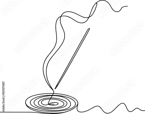 Continuous Line Art Illustration of Incense Stick with Flowing Smoke