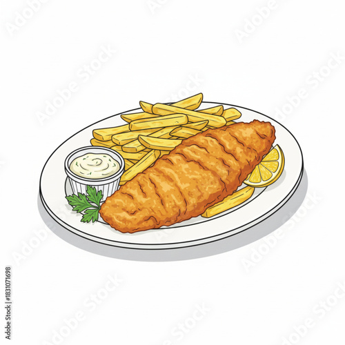 A delicious breakfast of white pancakes with jam on a plate served alongside fresh fried fish and bread for a cooked morning meal