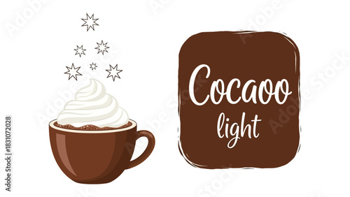 Warm Cocoa Treat: A delightful illustration showcases a steaming cup of rich cocoa, crowned with a swirl of whipped cream. beside the cup is a label.