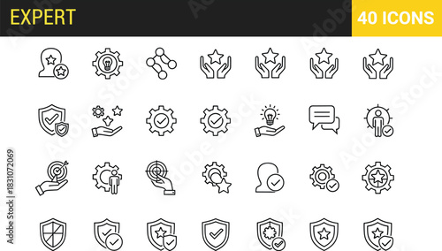 Vector collection of linear icons for business strategy, quality assurance, success management, security shields, star ratings, innovation, and target goals.
