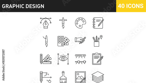 Vector collection of linear icons for graphic design, creative art, digital illustration, drawing tools, color palettes, and stationery symbols.