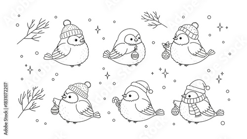 Winter Birds Collection: An adorable ensemble of charming winter birds, each uniquely adorned with cozy hats and scarves, brings a touch of seasonal cheer, surrounded by delicate snowflakes.