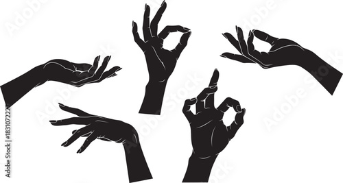 Elegant black silhouette hands vector set showcasing expressive gestures like ok sign, open palm, and graceful poses. Vector
