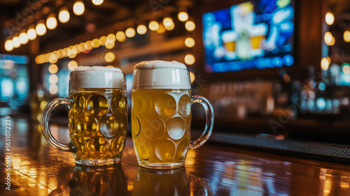 Two frothy mugs of beer on a bar counter with bokeh lights