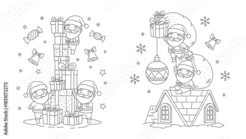 Christmas Preparations: Adorable Santa Claus characters busily prepare for Christmas, arranging gifts, decorating and loading presents in a charming, festive scene. 