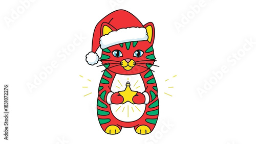 Festive Cat with Star: An adorable cat, adorned in a vibrant Santa hat, clutches a shimmering star, bringing festive cheer. 