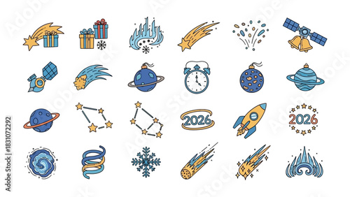 Celestial Festivities: A vibrant collection of cosmic icons, showcasing the wonder and symbolism of space, including celestial bodies, festive elements, and the year 2026.