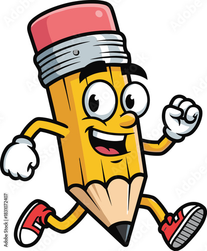 Dynamic running pencil cartoon mascot smiling widely in red sneakers, symbolizing fast creative writing, education, art, design, and drawing speed on a white background, isolated vector illustration.