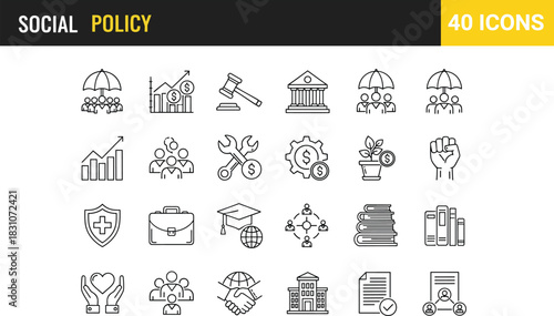 Linear vector icon set covering business, finance, law, education, and insurance themes, isolated illustration collection on white background.