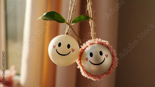 Two smiley face ornaments hanging near a window