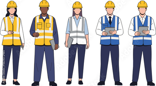Diverse professional construction and industrial workers wearing safety vests, hard hats, and holding clipboards stand together, representing engineering, 