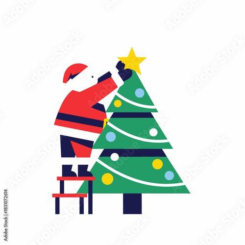 Stylized santa claus decorates christmas tree with a shining star for holidays