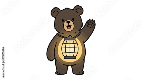 Friendly Bear with Lantern: An adorable cartoon bear waves hello, a warm lantern hanging around its neck, ready to light the way with friendly charm.