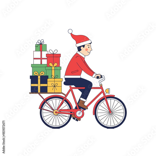 Festive holiday bicycle delivery with stacked gifts adds a touch of joyful charm