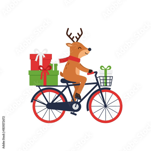 Festive reindeer delivering christmas gifts on bicycle conveying holiday spirit cheerfully