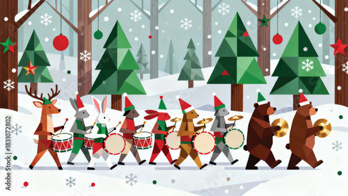Illustration Of A Group Of Animals In The Forest Playing A Drum Band Vector Design Template
