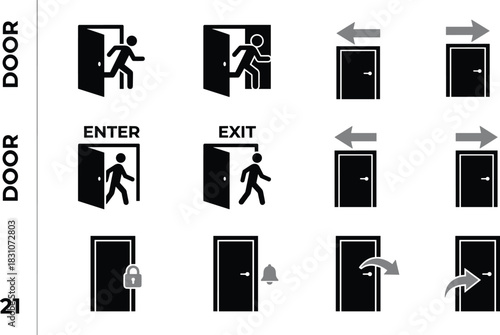 Emergency Exit and Enter Doorway Icons, Security Symbols, Building Wayfinding, Locked and Alarmed Entry, Push or Pull Directional Arrows, Open or Closed Silhouettes for Safety and Access Control.