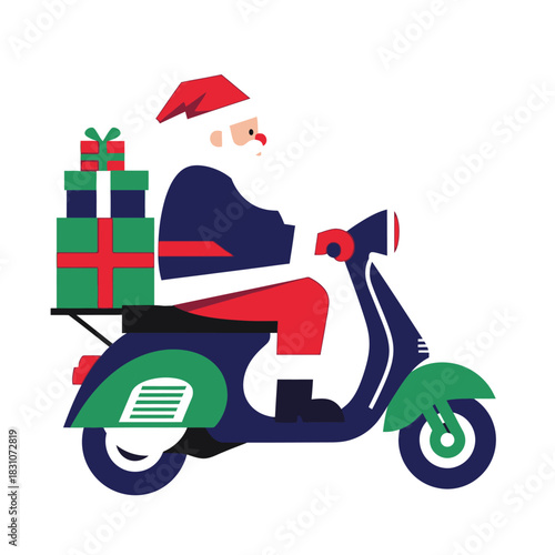 Santa's speedy scooter delivery service for christmas gifts on white backdrop