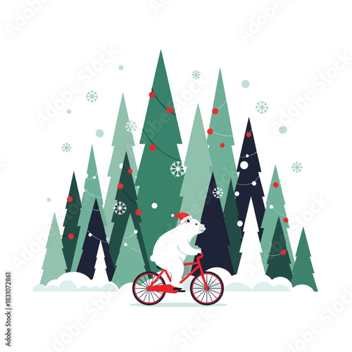 Festive polar bear rides a bicycle through a stylized winter forest landscape illustration