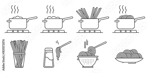 Illustration showing the steps of cooking pasta in a pot on a stove top burner