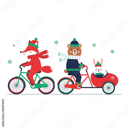 Whimsical woodland creatures joyfully biking in a winter landscape, a joyful illustration