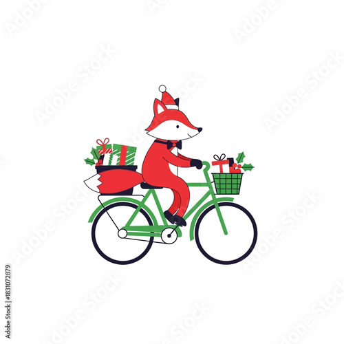 Festive fox delivers holiday cheer on a vintage bicycle with Christmas presents and holly
