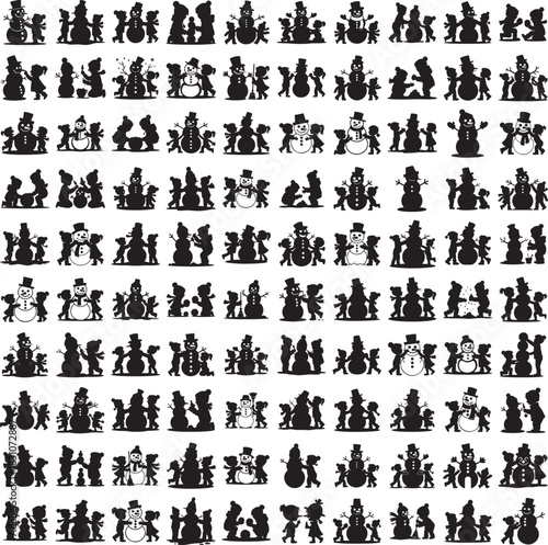 Silhouette set of children sculpting a snowman in winter