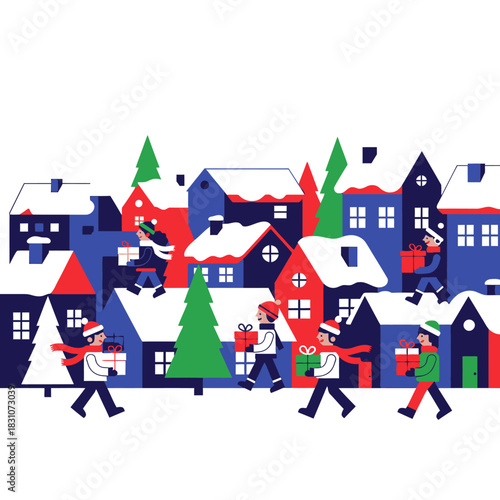 Whimsical winter village scene with stylized buildings and gift-bearing figures strolling along