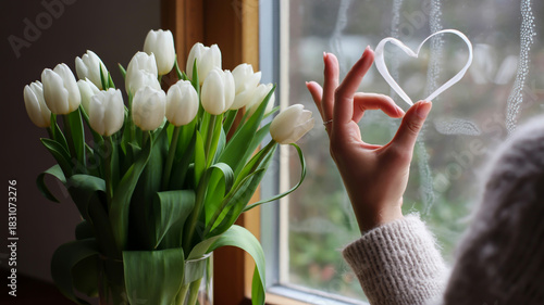 White tulips and a heart shape by the window