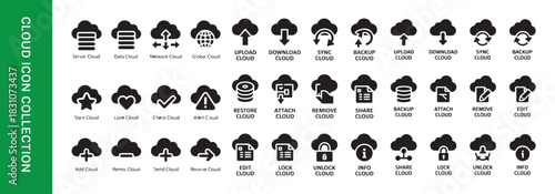 Cloud icon collection open close boost recycle power time alarm share unlock download backup
