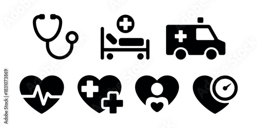 Illustration of medical icons including stethoscope bed ambulance and heart shapes