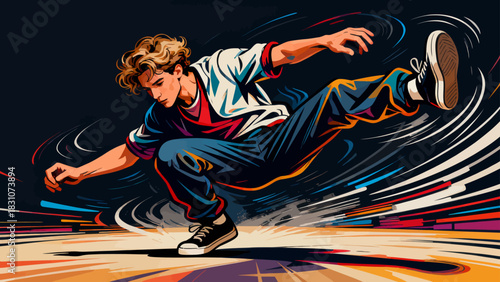 This vibrant flat-style illustration shows a group of young men dressed in trendy streetwear performing dynamic hip-hop dance moves with energetic poses, exuding joy and rhythmic energy.