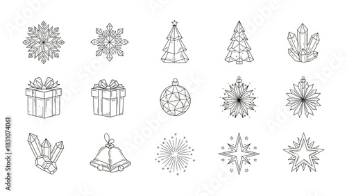 Festive Winter Elements in Geometric Designs: A collection of exquisitely crafted Christmas and winter icons, featuring geometric representations of snowflakes, gift boxes, ornaments.