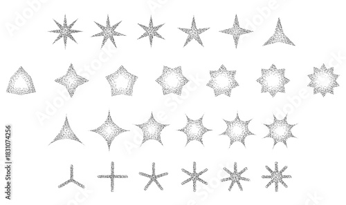 Stippled grain stars set. Black noise texture asterisk collection. Halftone dotted glitter sparkles, sparks, twinkles pack for poster, banner, brochure collage. Black and white dotted flares. Vector