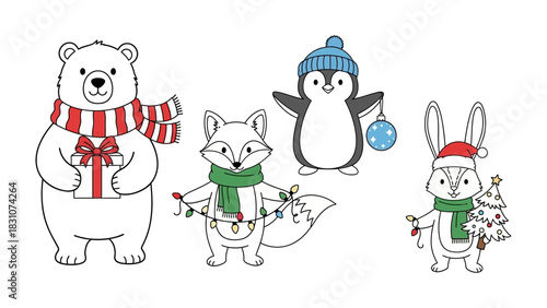 Winter's Adorable Gathering: Festive woodland creatures embrace the charm of winter. A collection of endearing animals, dressed in seasonal accessories, create a heartwarming scene full of cheer.