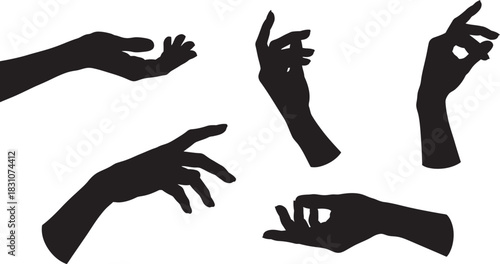 Collection of five black female hand silhouettes in various gestures, illustrating concepts of interaction and presentation. Vector