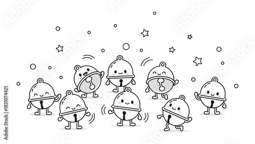 Jingle Bells Dance: Playful illustration of jingle bells dancing joyously with animated faces and bodies, surrounded by cheerful stars.