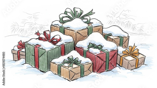 Delightful Christmas presents with snow, festive illustration for holiday greetings and seasonal joy, perfect for cards, banners, and winter promotions