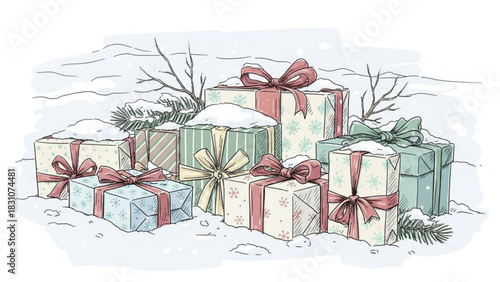 Cheerful gifts with snowflakes and bows in the snow, perfect for winter holiday promotions and seasonal social media greetings, a heartwarming festive scene