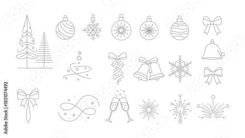 Festive Decorations: An array of charming minimalist line drawings featuring Christmas ornaments, including tree, bell, bow, and champagne glasses, perfect for holiday-themed design.
