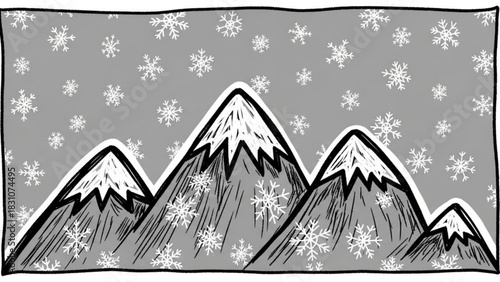 Winter mountain peaks dusted with snow and falling snowflakes, a charming illustration for holiday cheer and cozy winter designs, scalable graphic