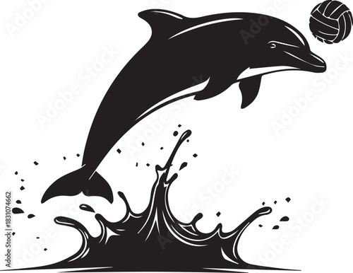 Silhouette of a dolphin jumping out of dark water with splashes