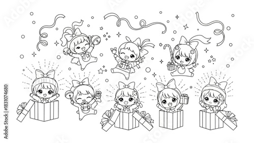 Gift Box Joy: charming illustration depicts several children popping out of gift boxes, accompanied by swirling confetti and joyful expression.